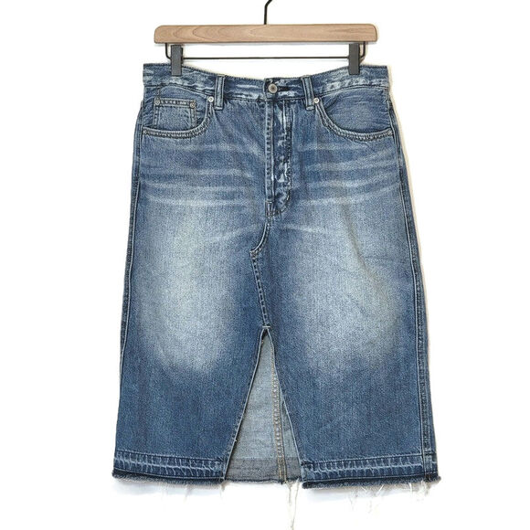Free People We The Free Suzanne Distressed Blue Denim Skirt A Line Midi Size 30 - Picture 1 of 13